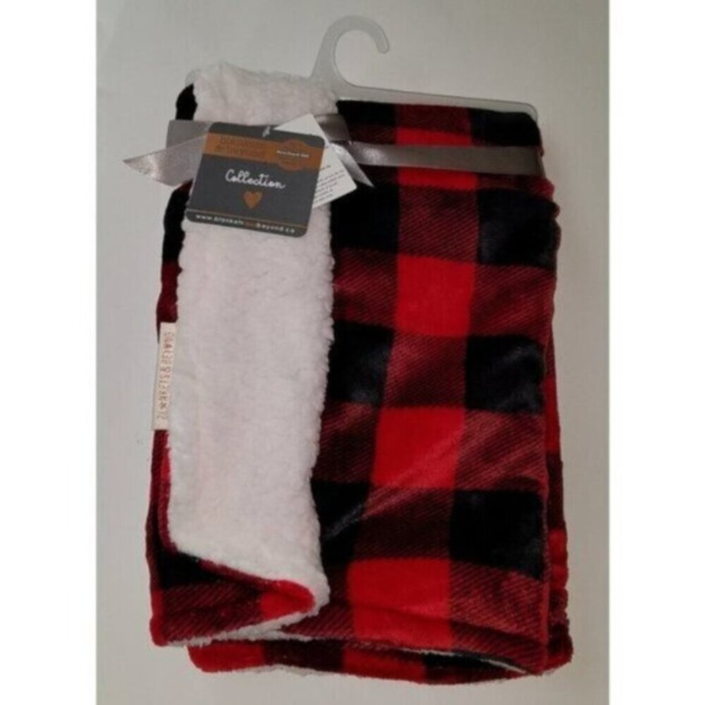 NWT Blankets & Beyond Baby Blanket Red Black Buffalo Plaid Lovey White Sherpa